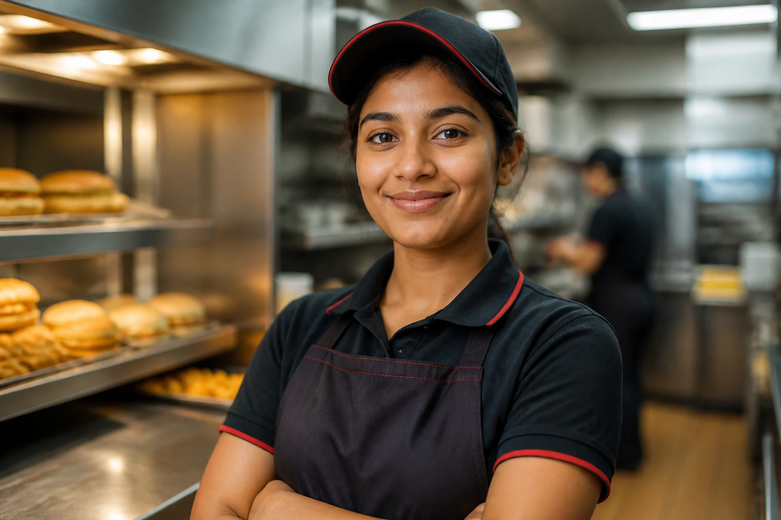 Close-up portrait of a confident fast-food worker in a clean kitchen