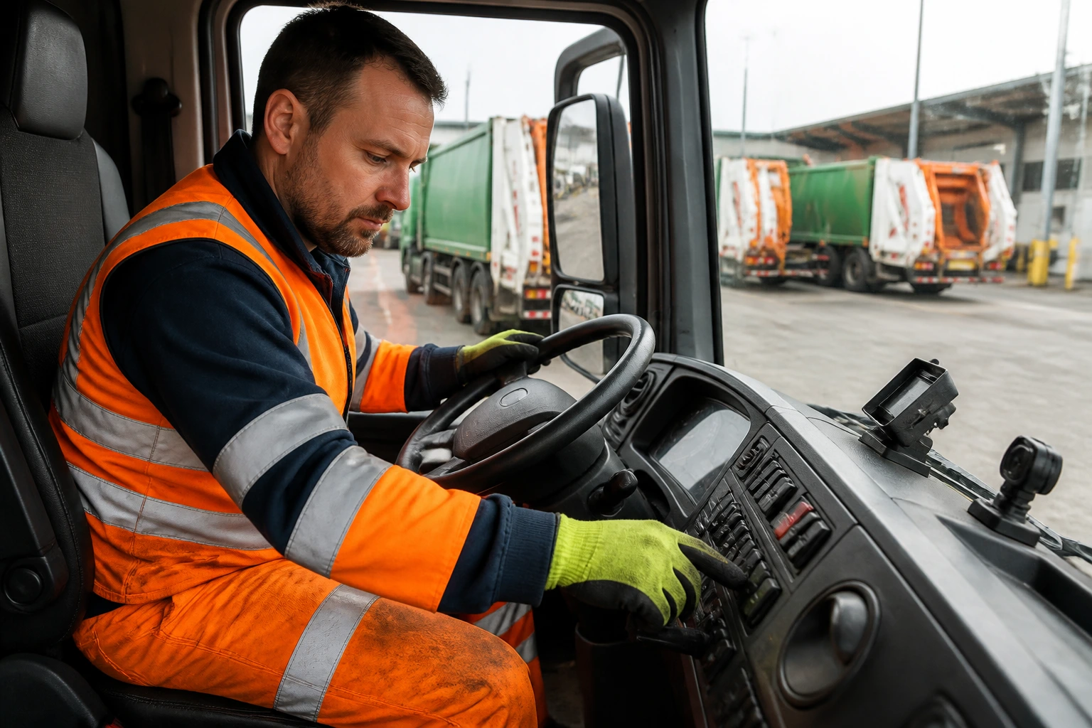 Worker performing vehicle safety checks in depot
