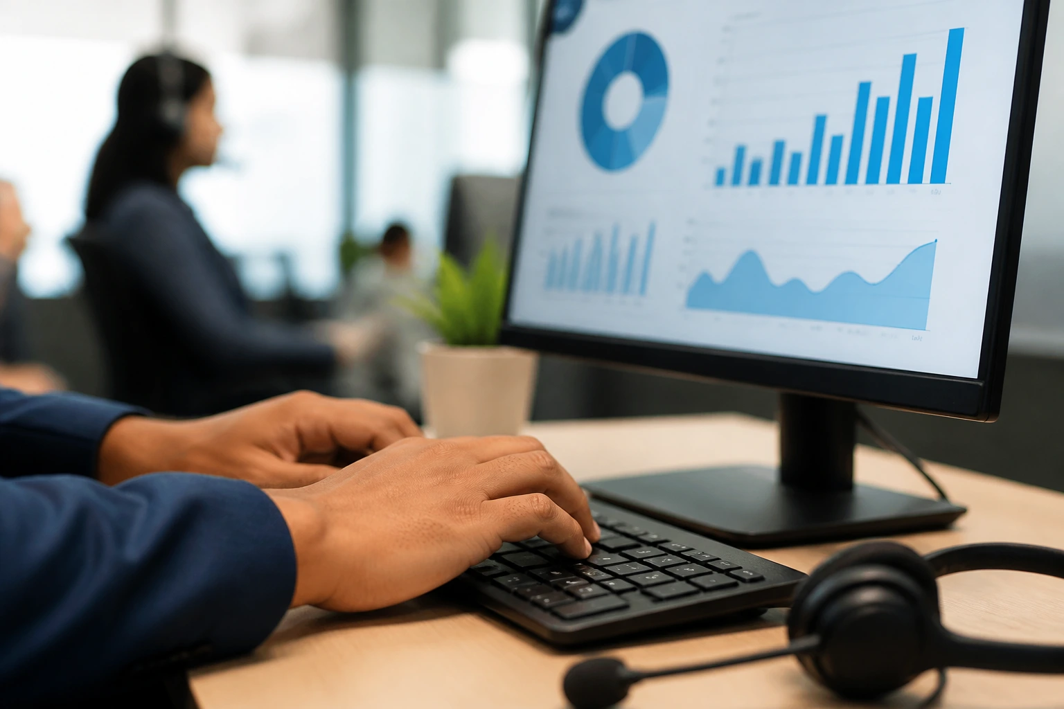 Hands typing on keyboard with data visualization on screen in an office