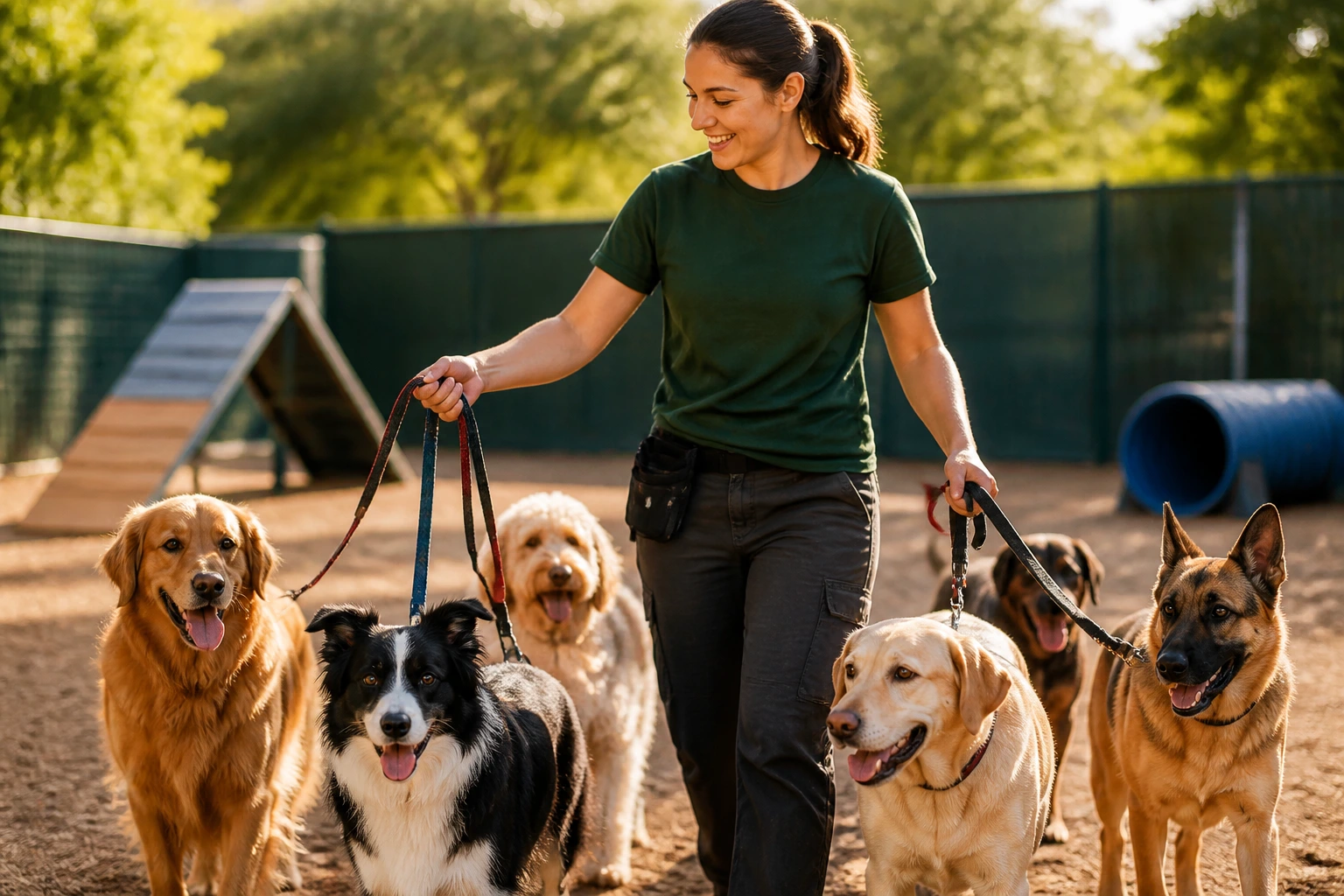 Pet-care professional demonstrating sponsorable skills with multiple dogs