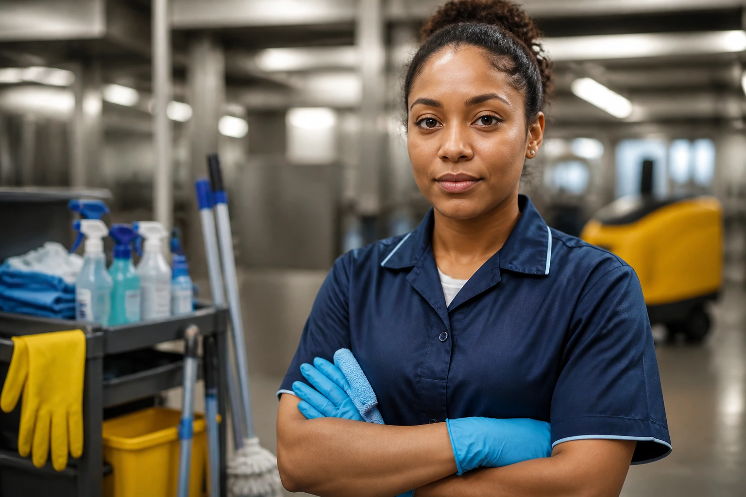 Close-up of a cleaner in uniform with a focused expression