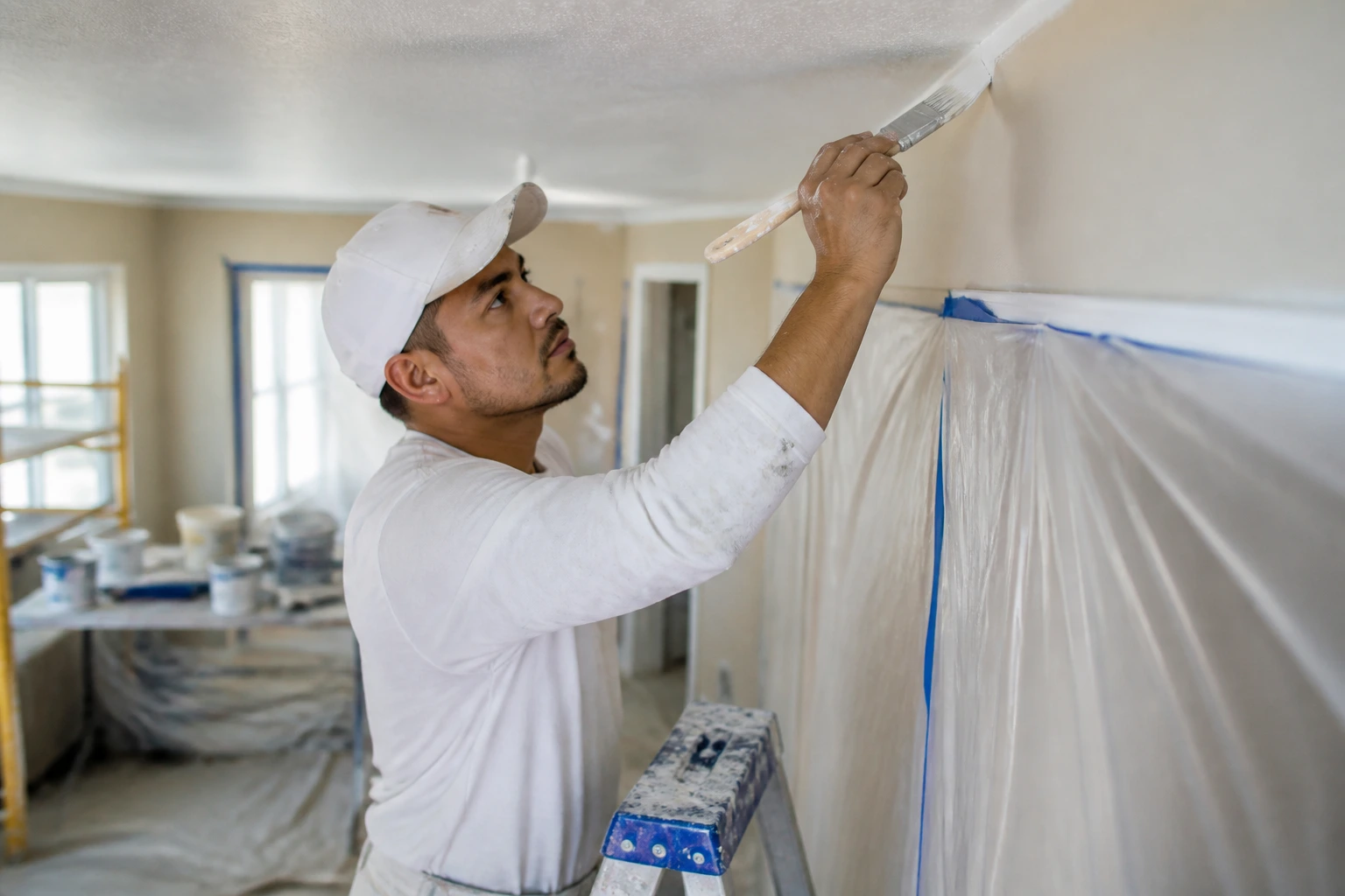Painter performing a practical painting test in an indoor job site