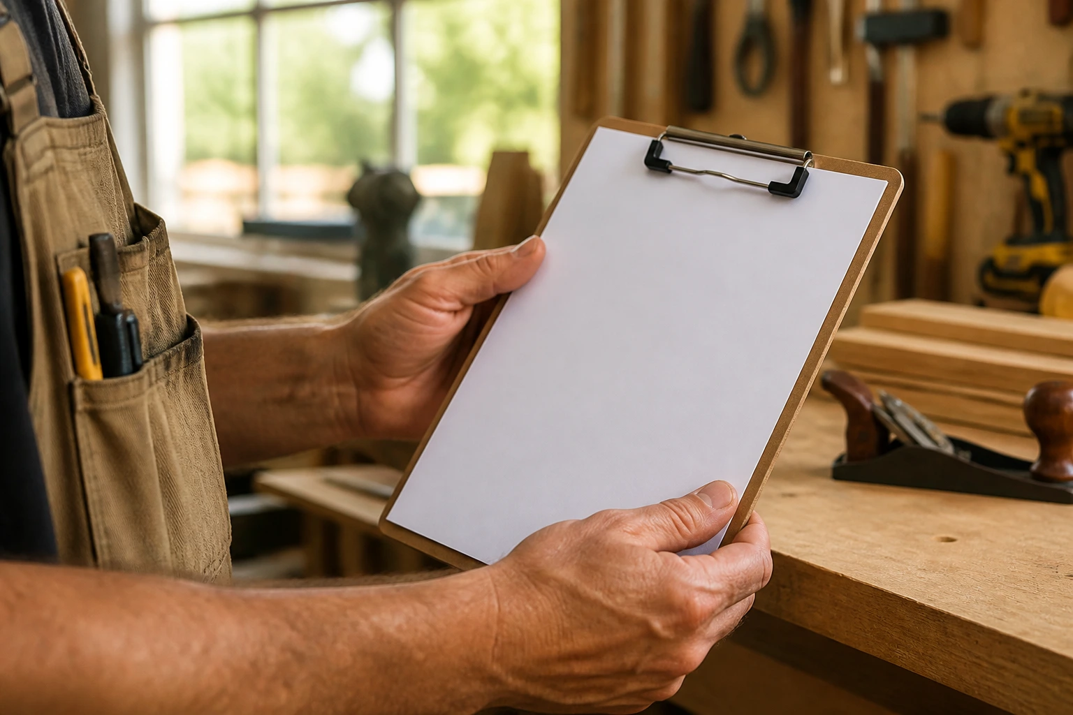 Carpenter's hands with blank clipboard in workshop