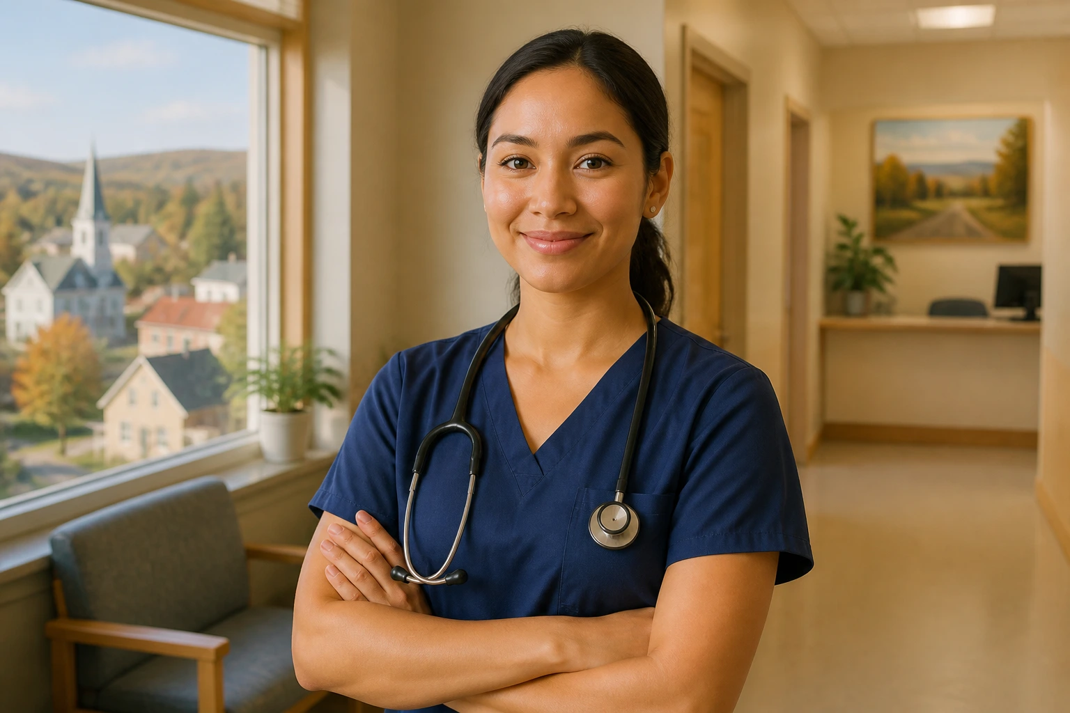 Healthcare worker in small-town clinic hallway.