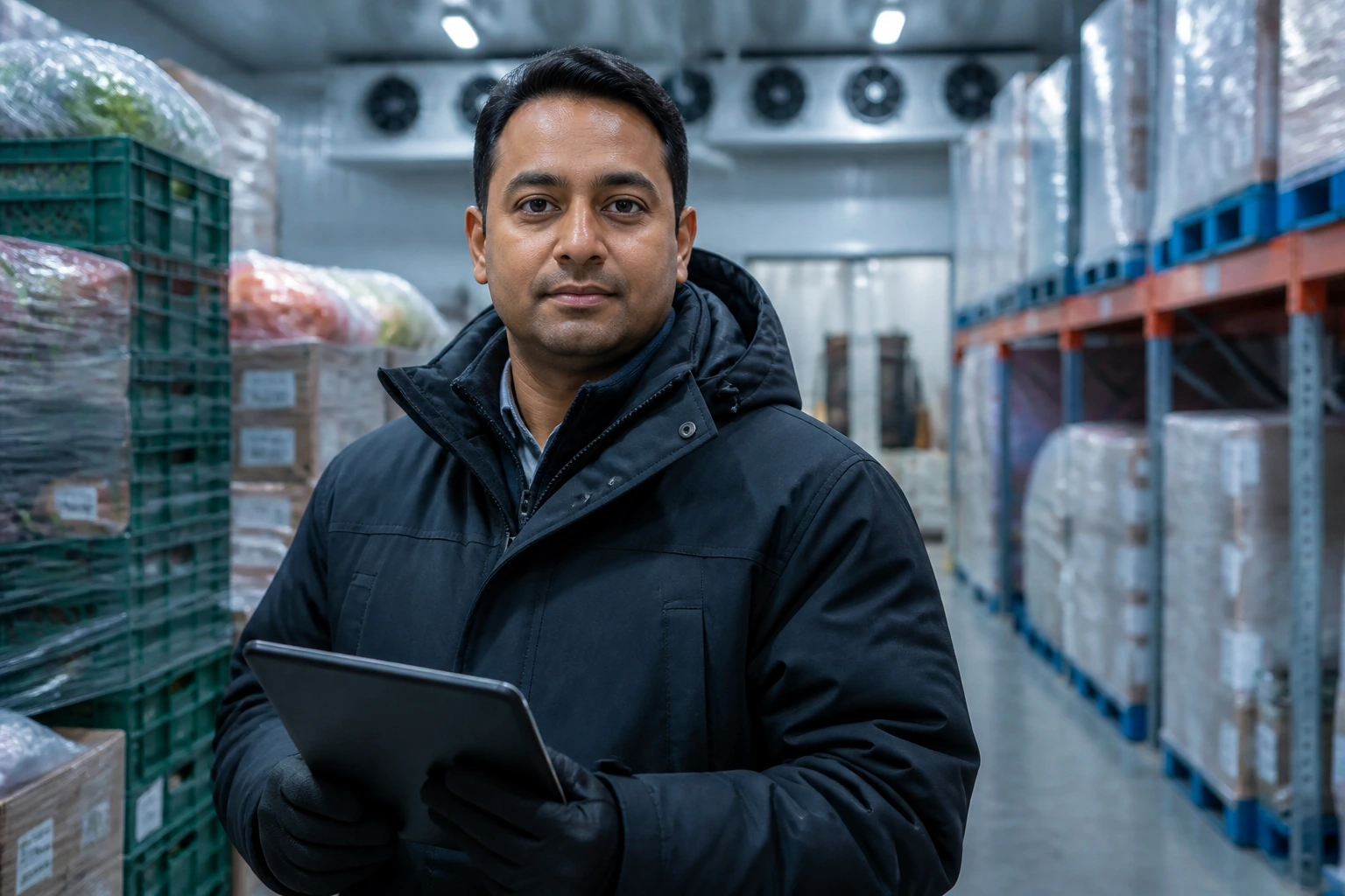 Procurement professional in Sobeys cold storage warehouse.