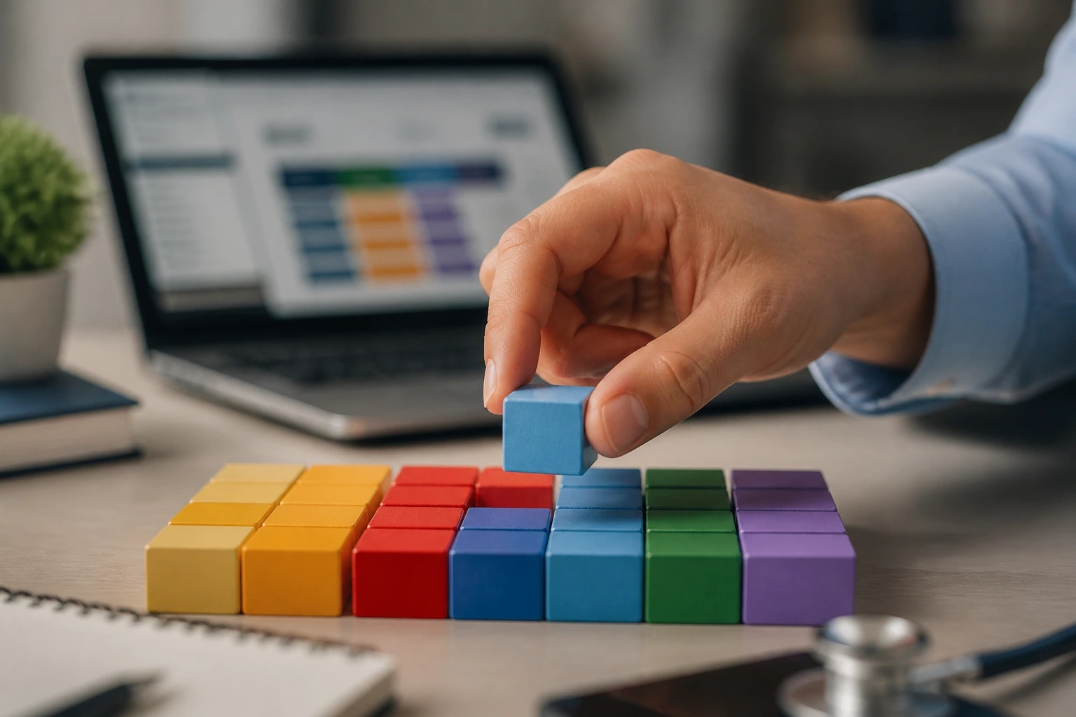 Close-up of hands arranging color blocks representing job code classification