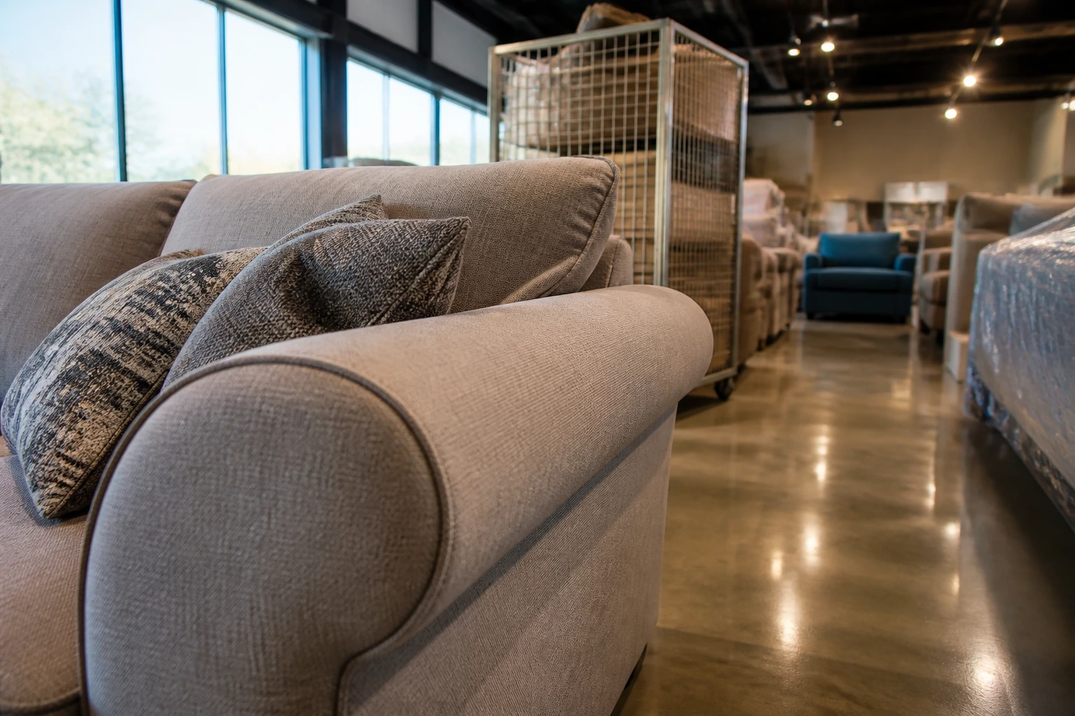 Close-up of a sofa in a showroom with stock cages in the background