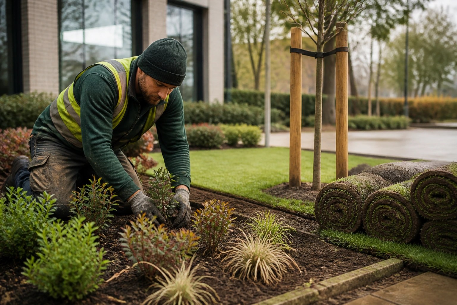 Soft landscaping worker planting shrubs with turf rolls nearby