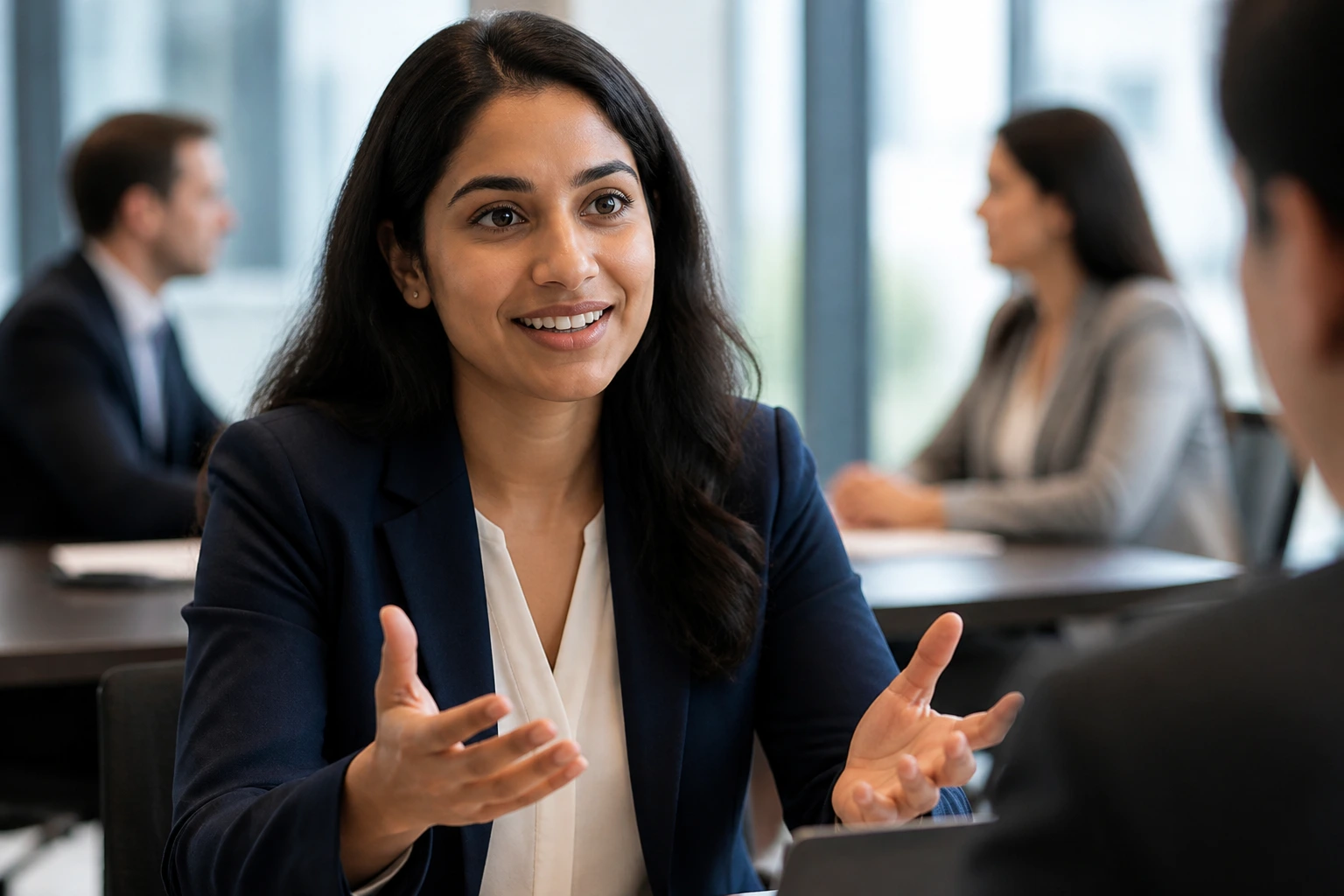 Close-up of a professional in a meeting room showing soft skills assessment