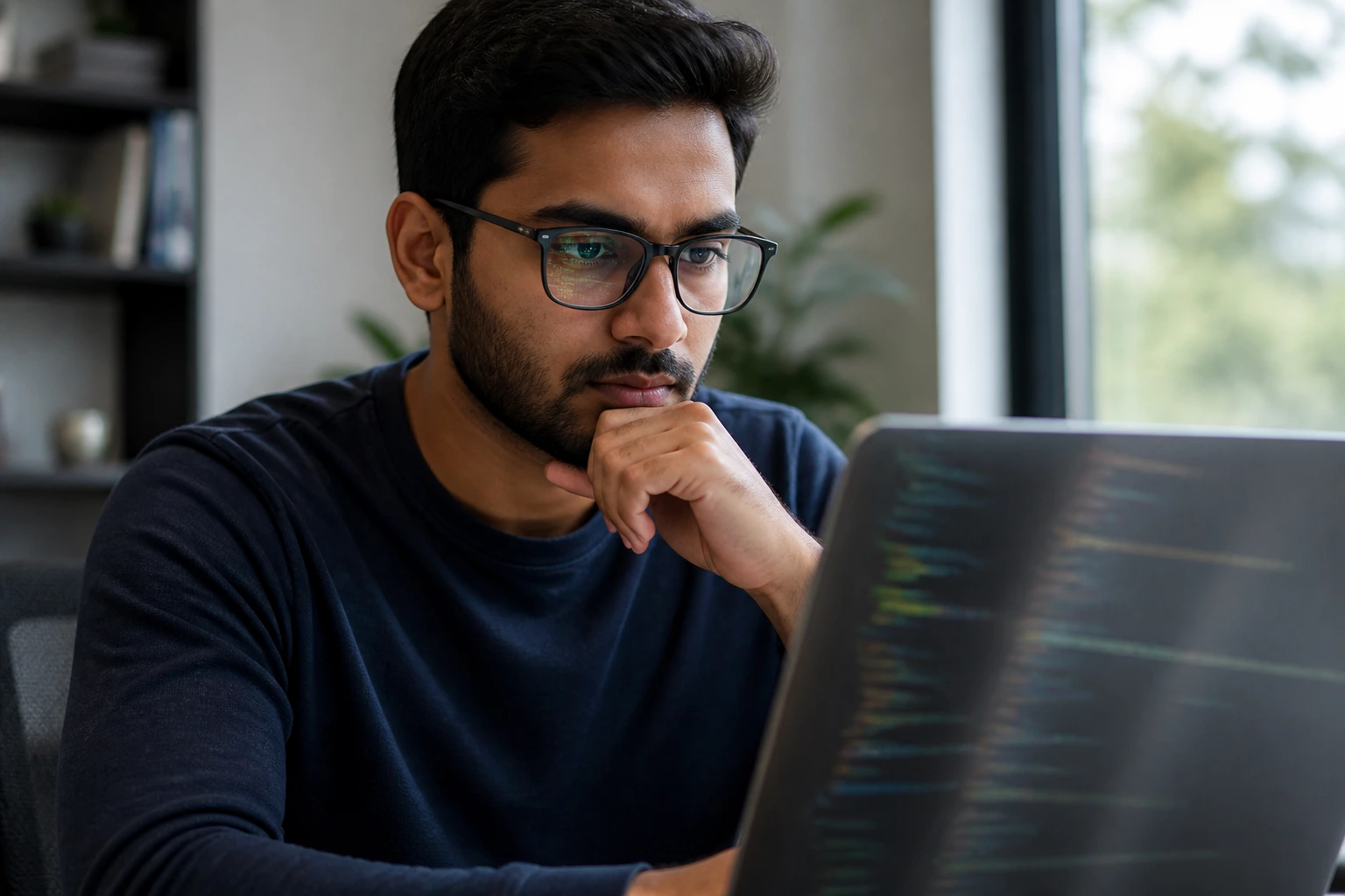 Software engineer in a home office during interview preparation