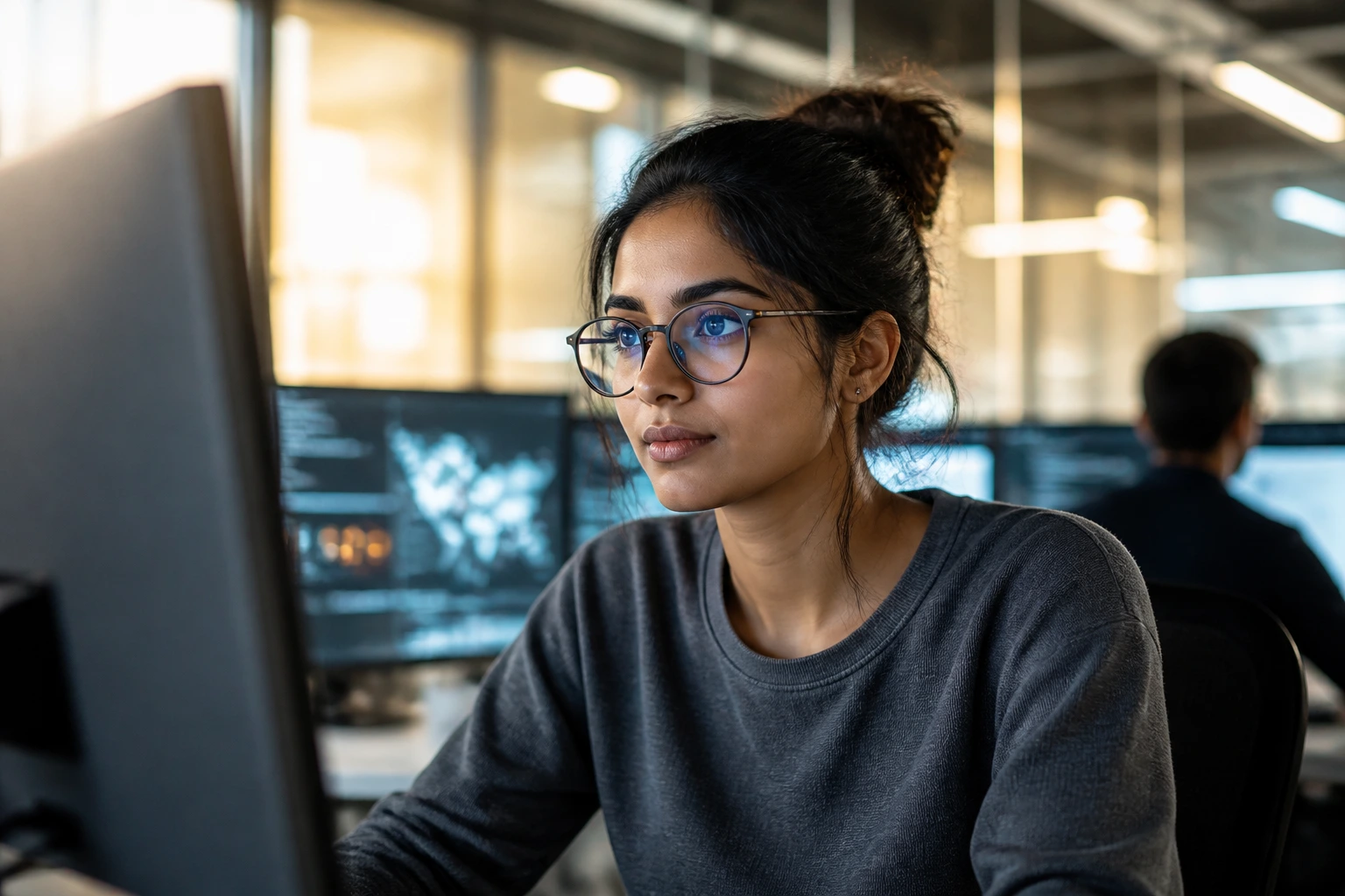 Close-up portrait of a software engineer in a modern tech office with window light and blurred background.