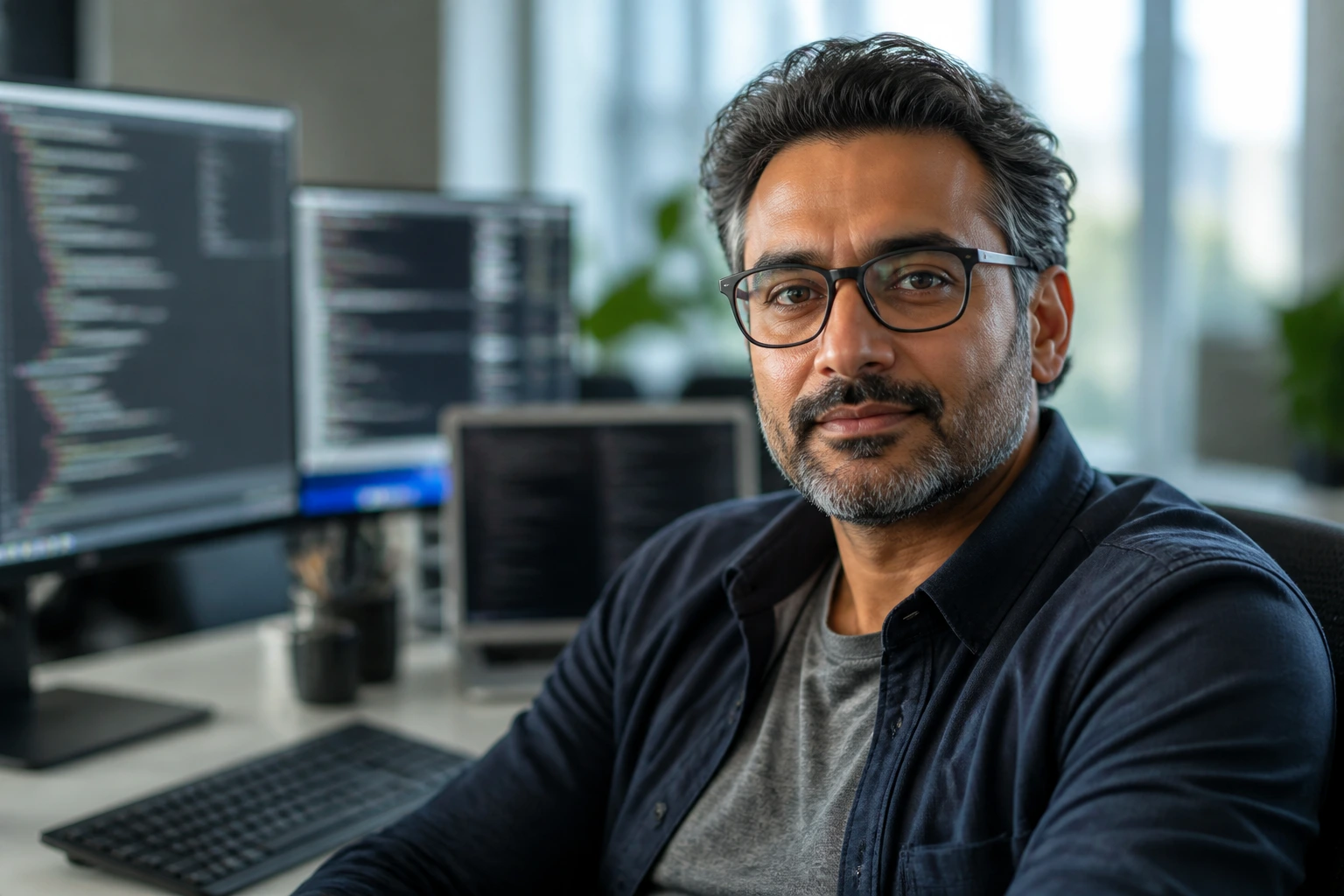 Close-up of a senior software engineer in a tech office, symbolizing six-figure sponsorship industries