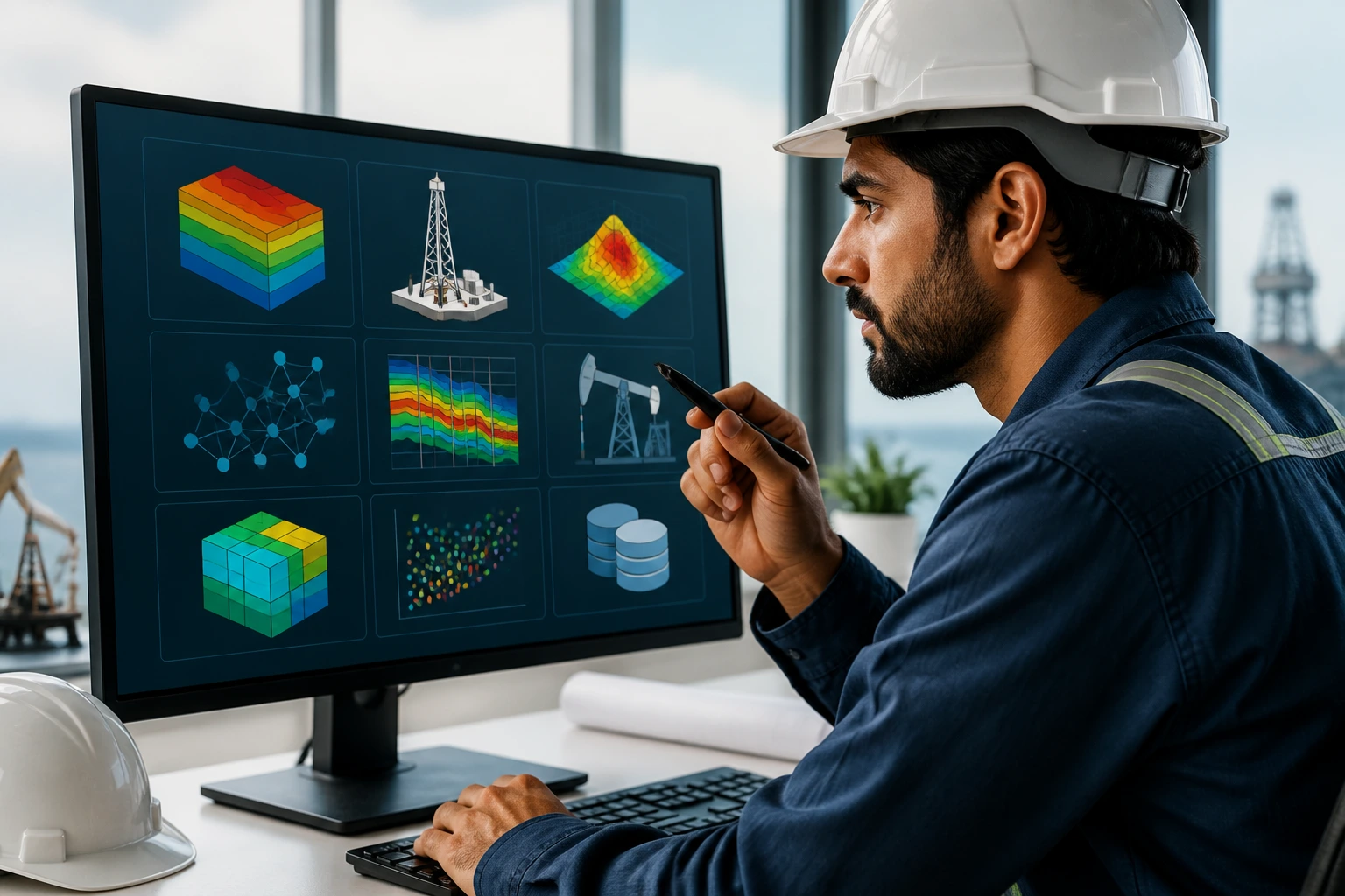 Engineer at desk with monitor showing abstract software icons