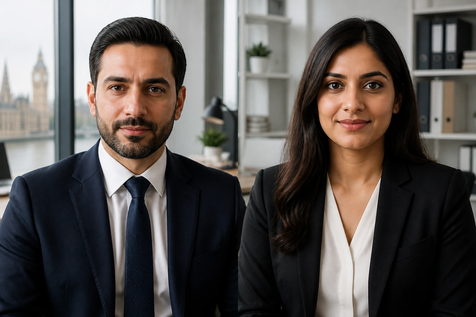 Side-by-side portraits of two immigration professionals in a UK office, illustrating regulatory differences
