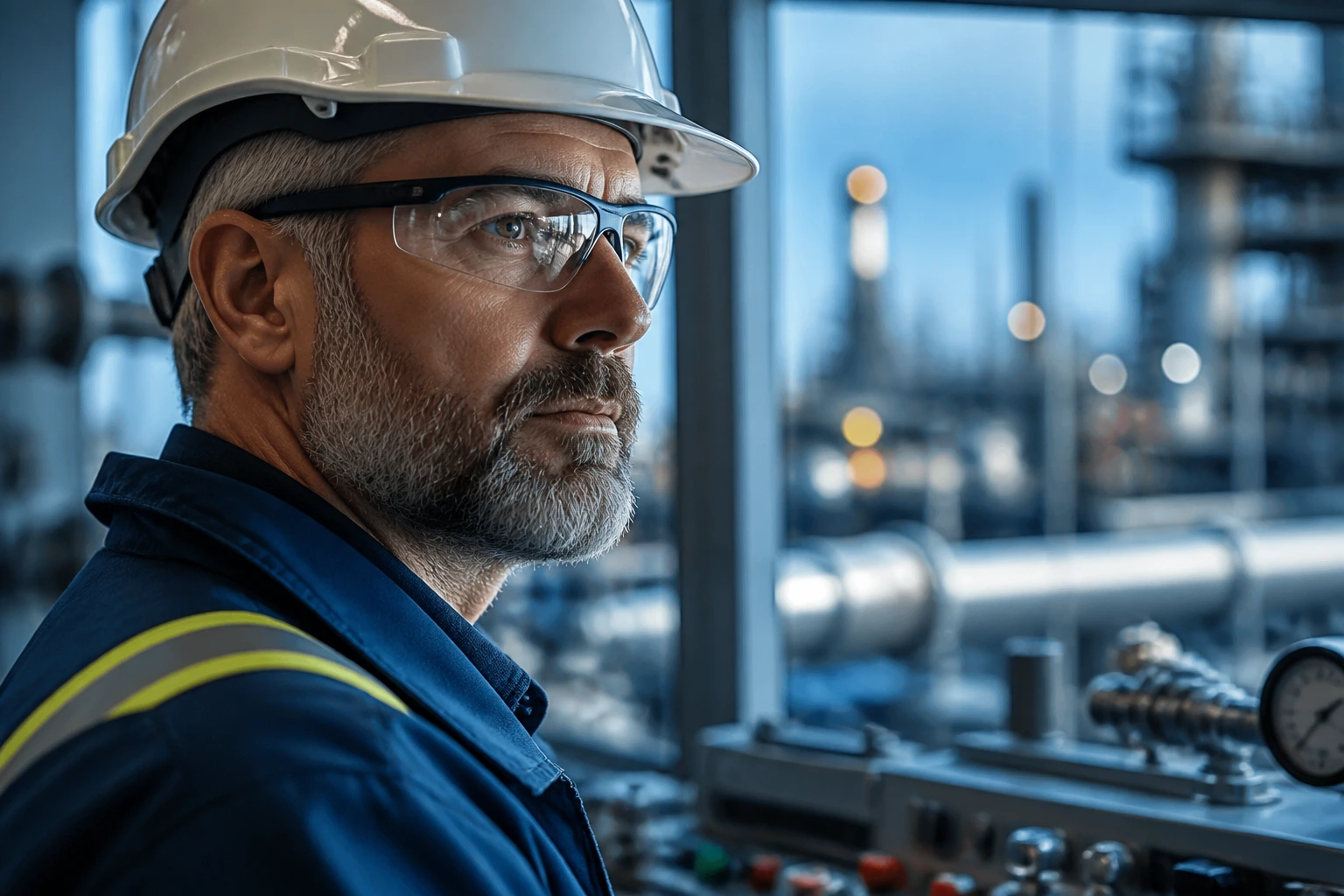 Close-up portrait of a seasoned engineer in PPE in an industrial control room.
