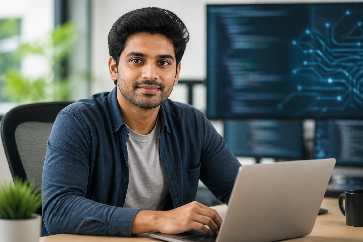 Portrait of a software engineer in a tech workspace representing specialty occupation eligibility.