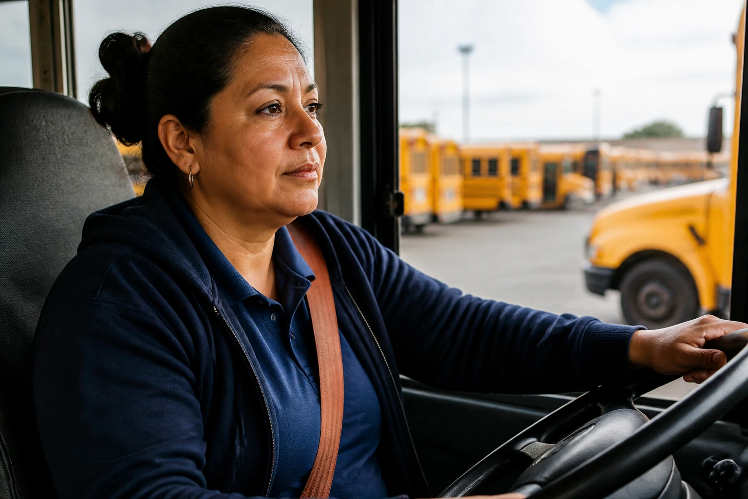 Bus driver in a depot showing mid-day break and after-school shift context.