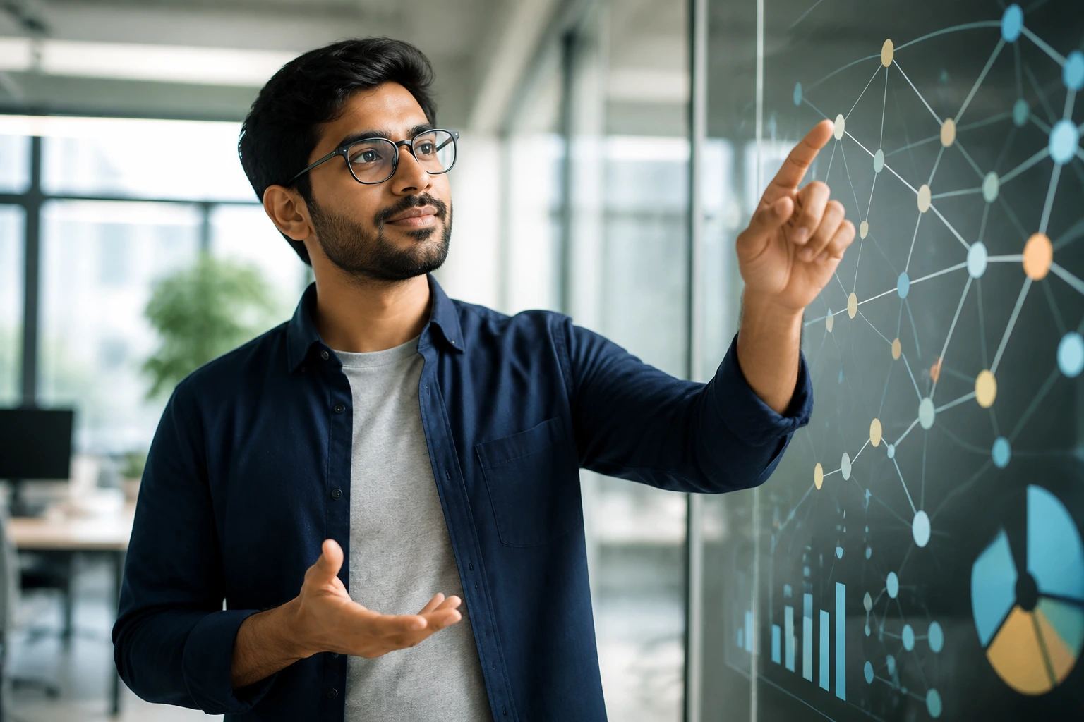 Portrait of a data scientist in an office with abstract charts on a glass wall.