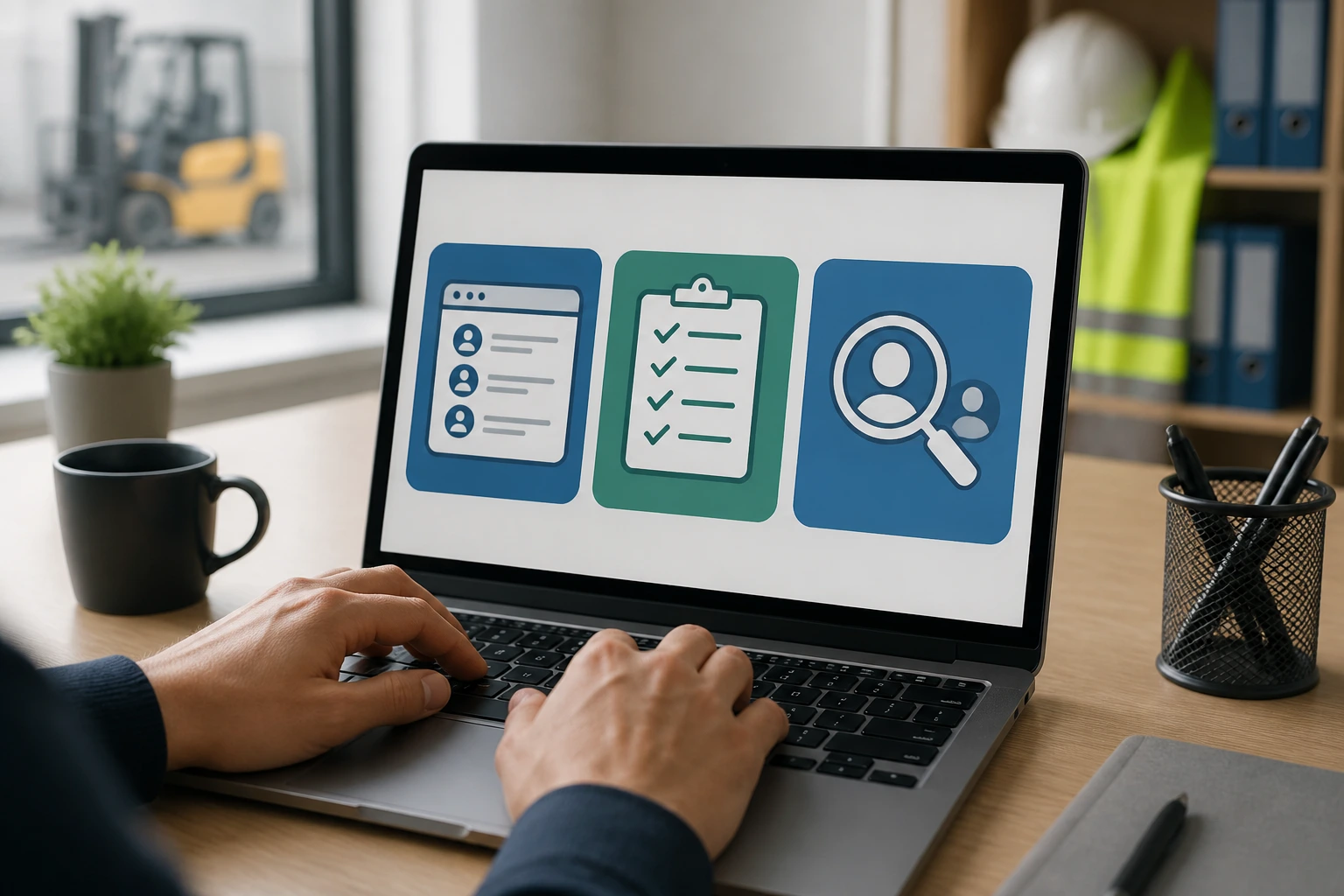 Hands typing on a laptop displaying abstract icons representing job boards and sponsor checks.