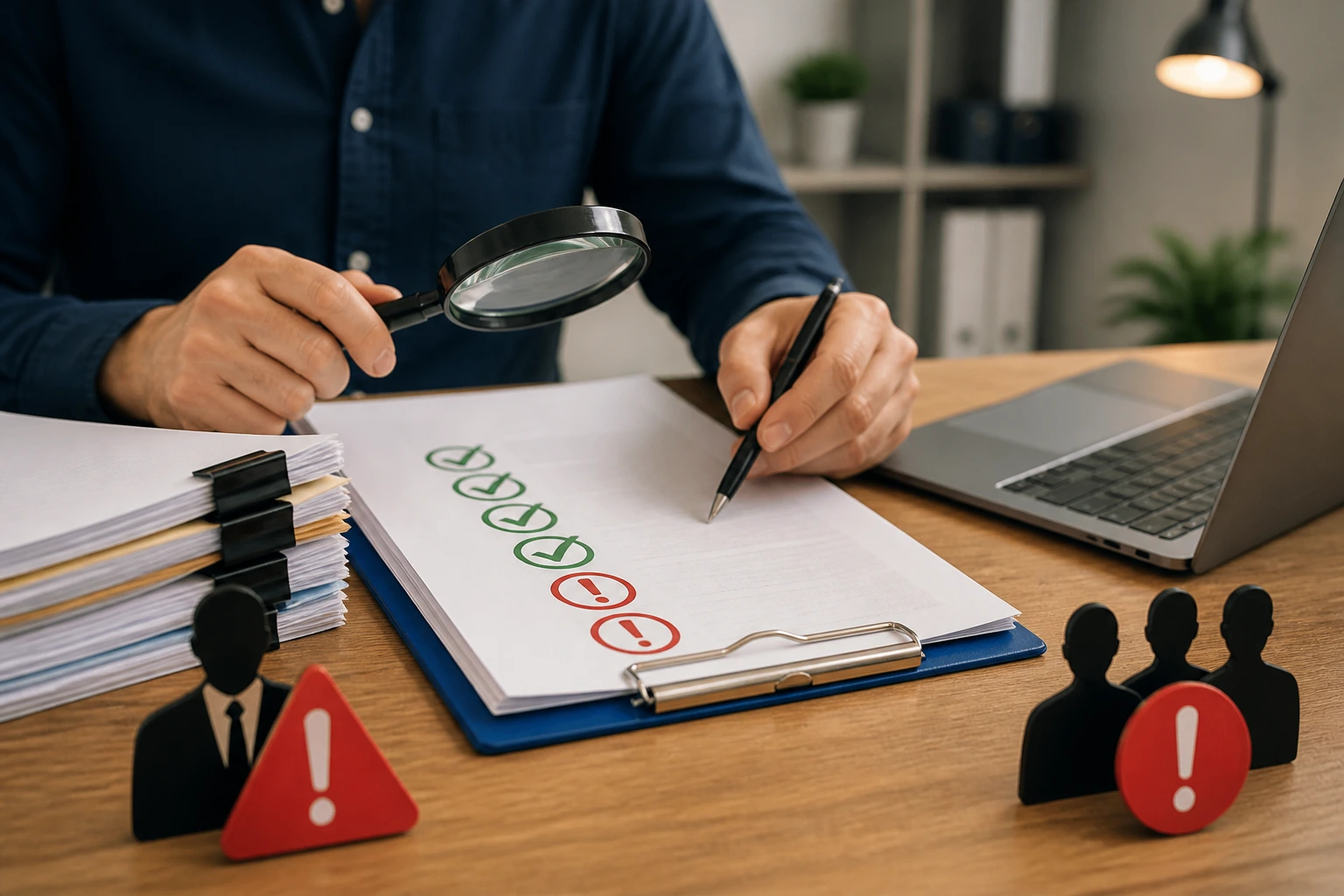 Close-up of hands over documents on a desk, symbolizing sponsor checks and recruitment red flags in UK roofing recruitment.