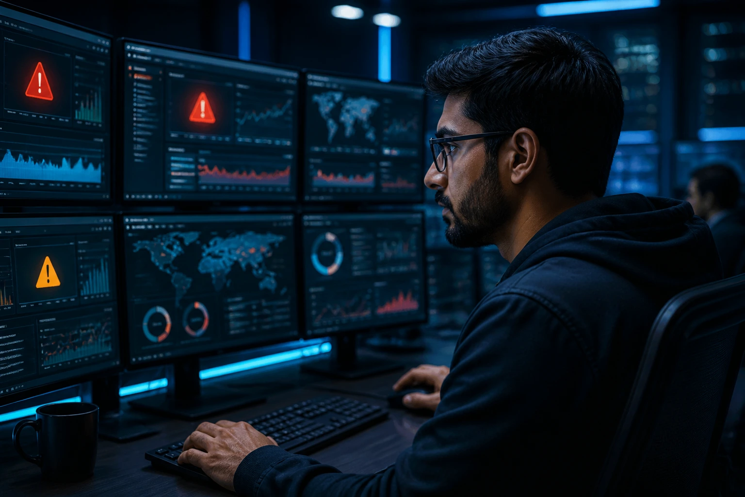 Cybersecurity engineer at desk with security alert visuals