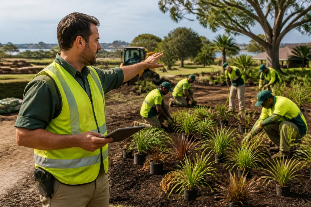Supervisor in hi-vis directing a landscaping crew on a large outdoor site