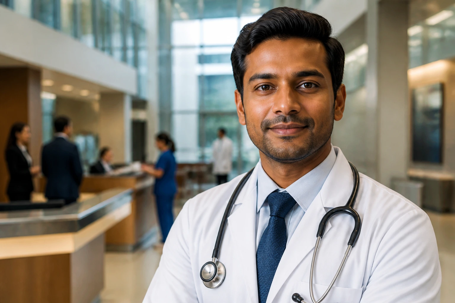 Physician in white coat in hospital lobby