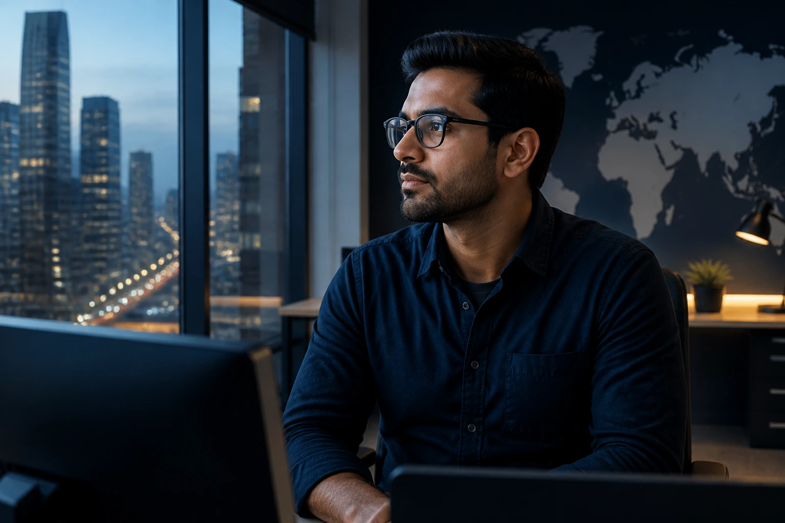 Professional looking toward city view in sponsor-friendly office