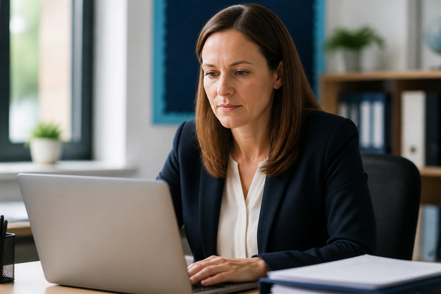 HR officer checking sponsorship eligibility on a computer in a school office.