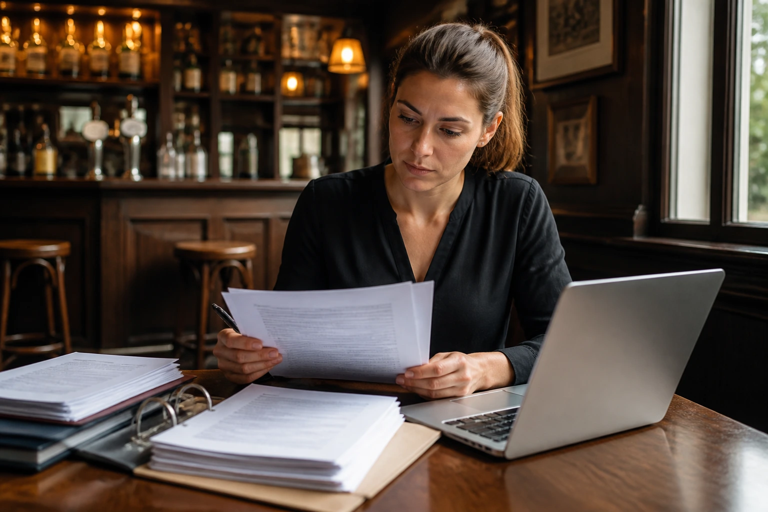 Pub business owner reviewing documents at desk