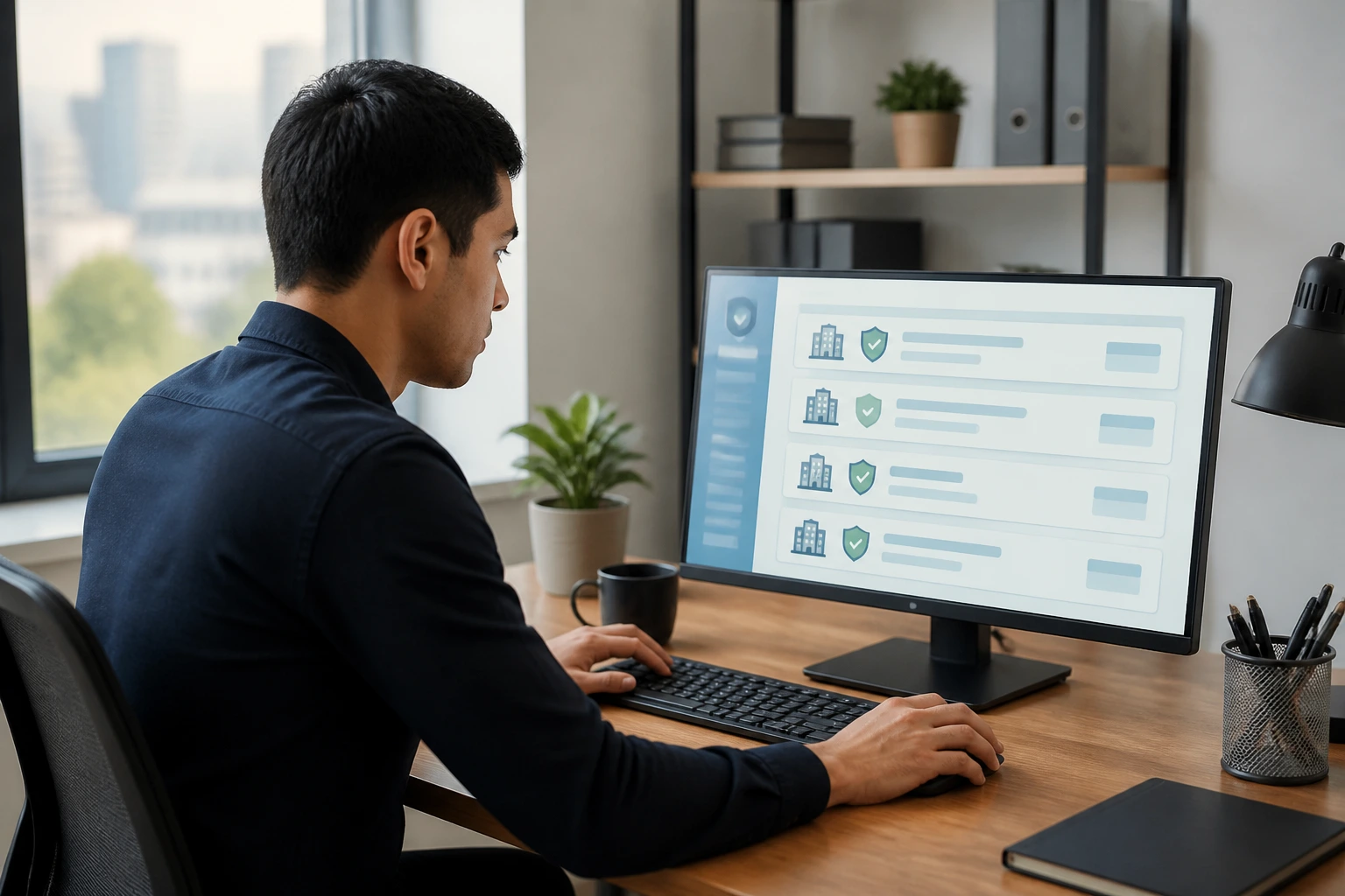 Person at a desk reviewing sponsor license information on a computer screen.