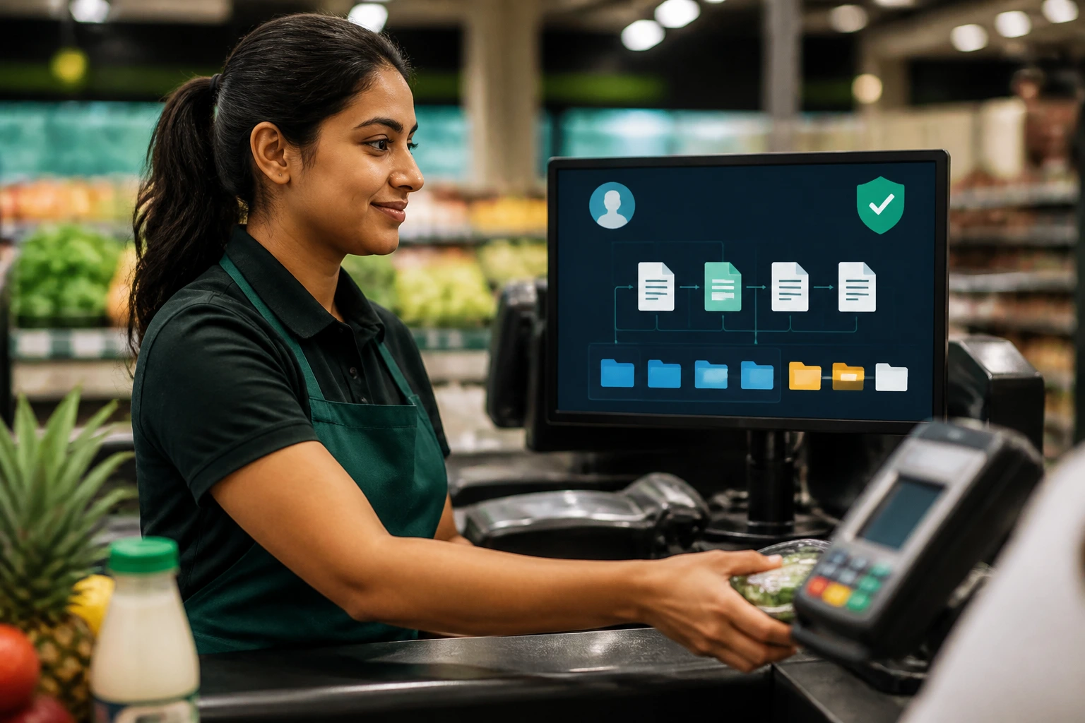 Close-up of a cashier at a till with a blurred digital screen representing sponsorship records