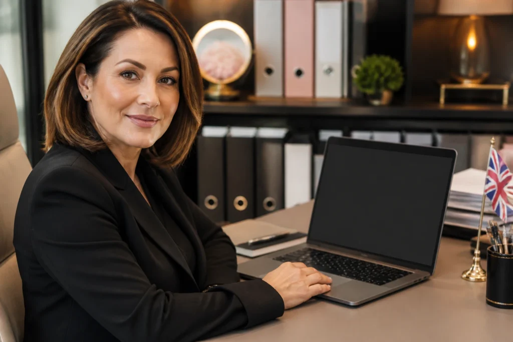 Close-up of a salon HR manager using a laptop in an admin office
