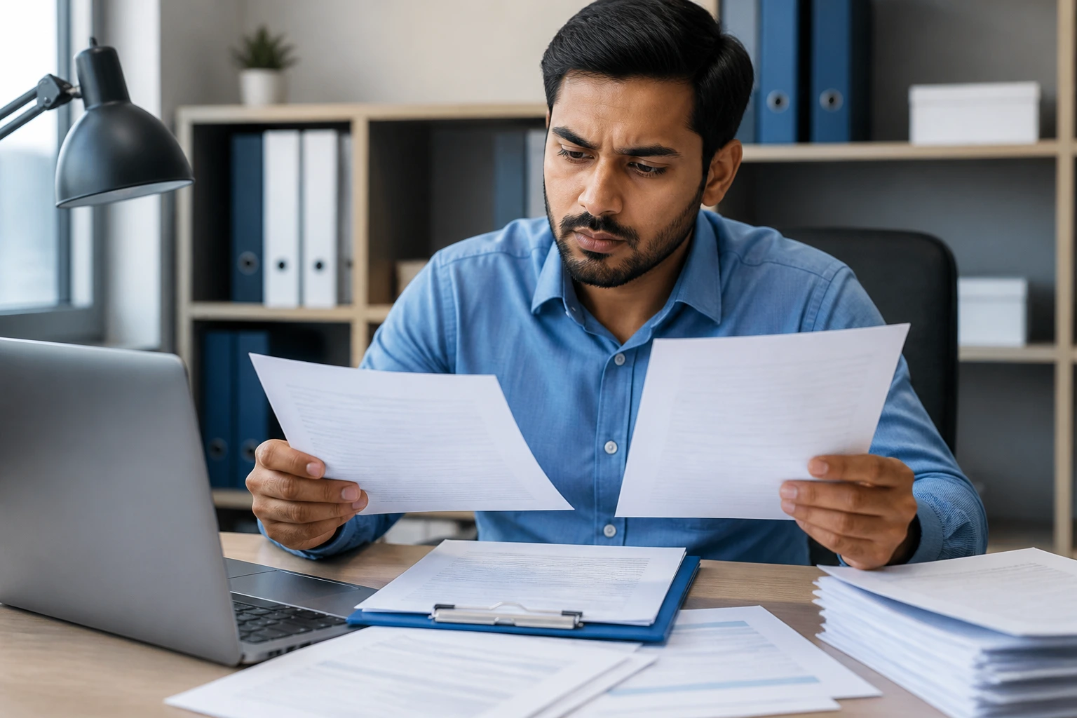 Professional in an office reviewing sponsorship paperwork