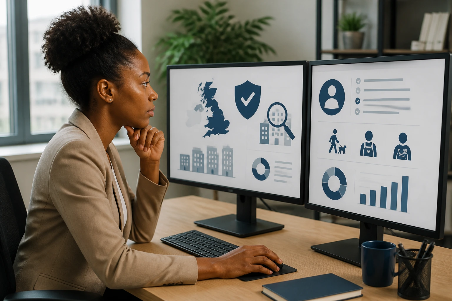 Person evaluating sponsorship criteria with dual screens in an office setting