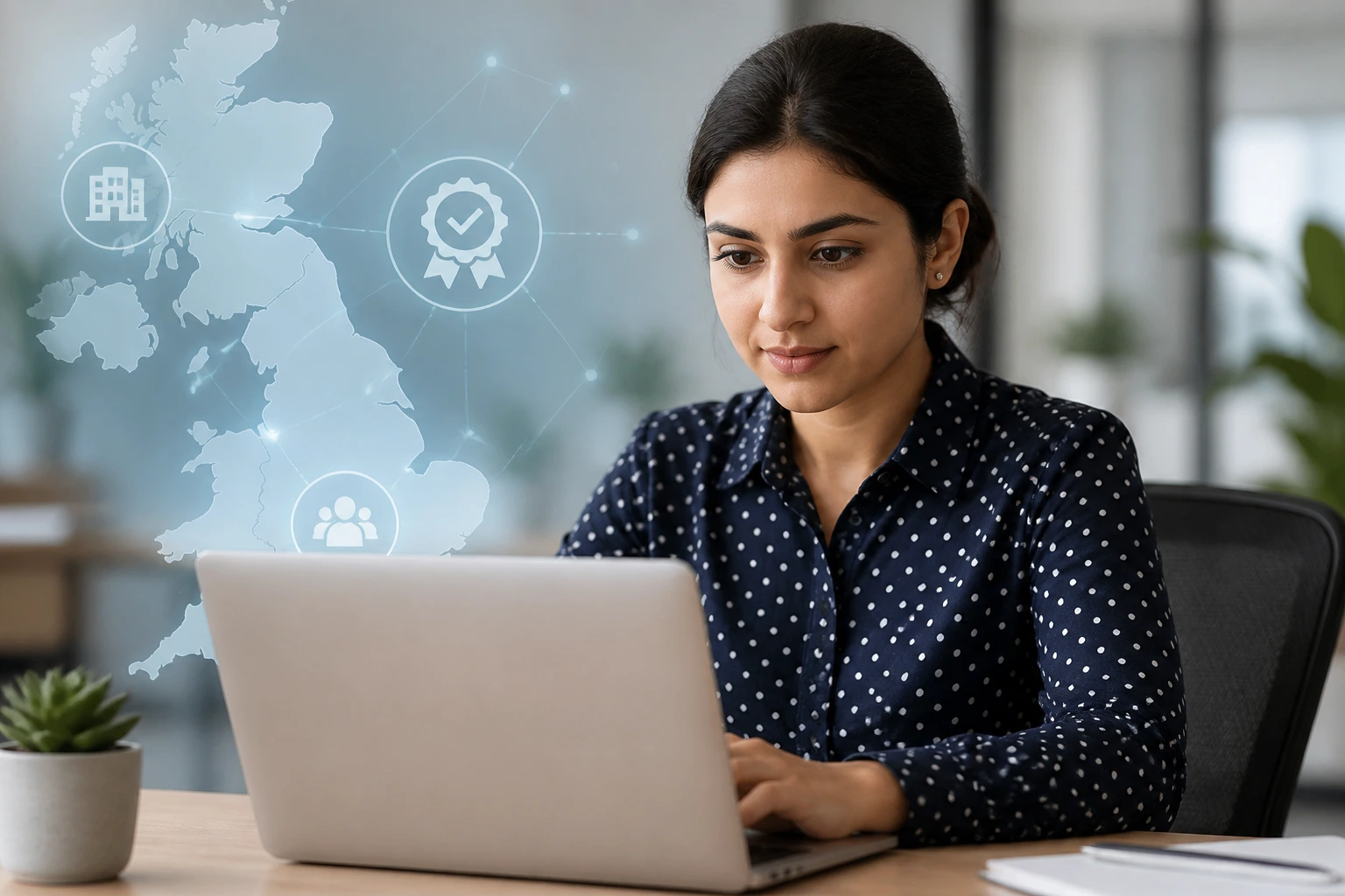 Person researching UK sponsor licences on laptop with abstract icons and UK silhouette background.
