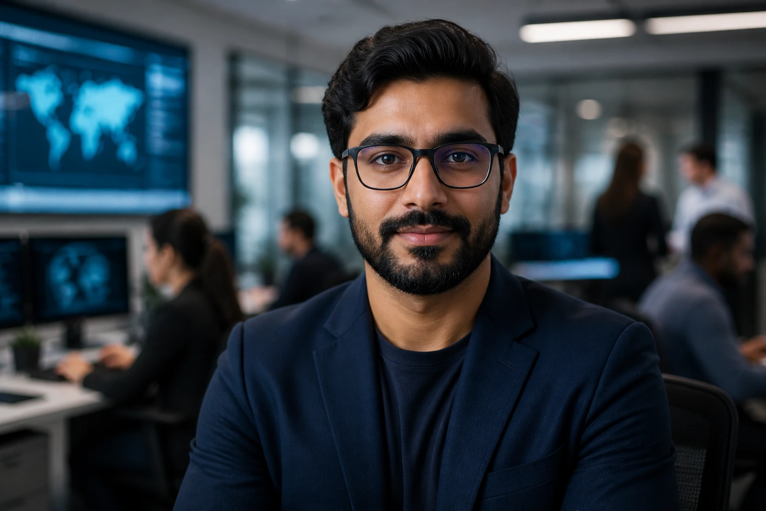 Portrait of cybersecurity professional in office, representing targeted employer sponsorship verification.