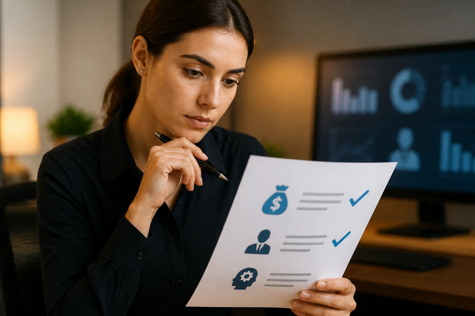 Person reviewing a check-list style document with a blurred screen in the background