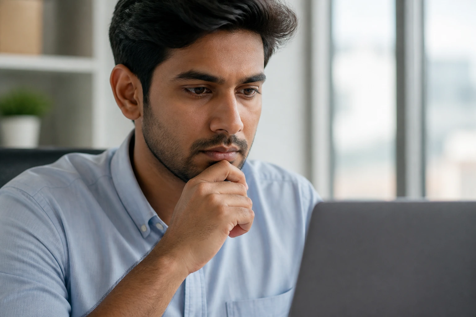 Portrait of a candidate reviewing sponsor license information on a laptop