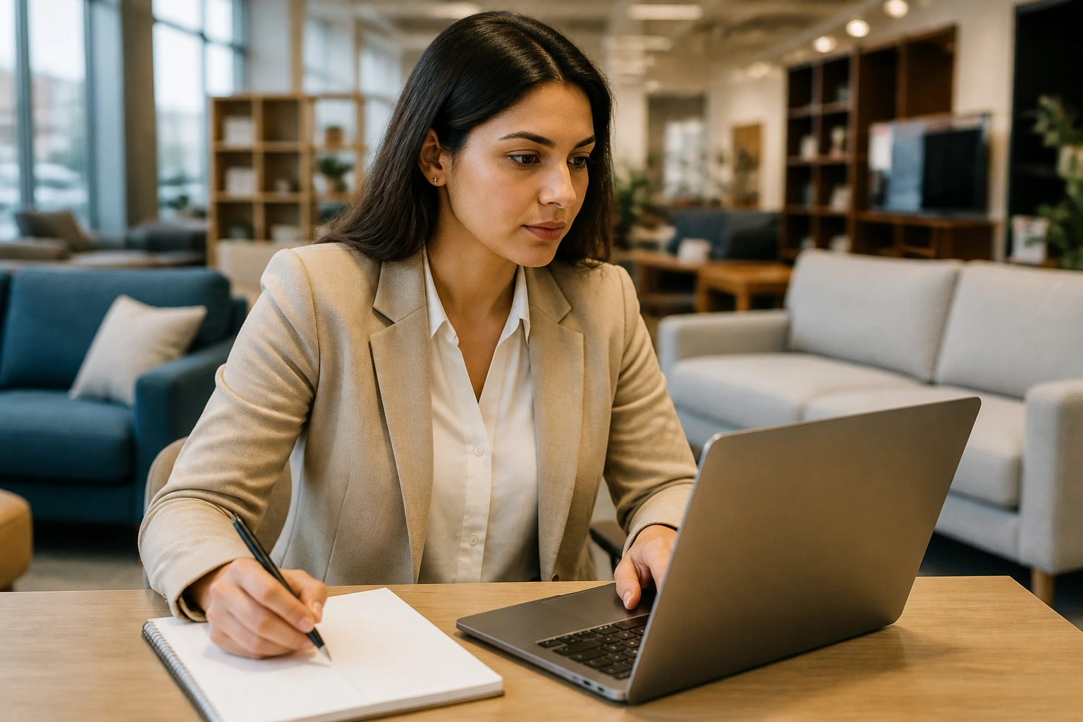 Professional researching sponsor-licensed furniture employers in an office