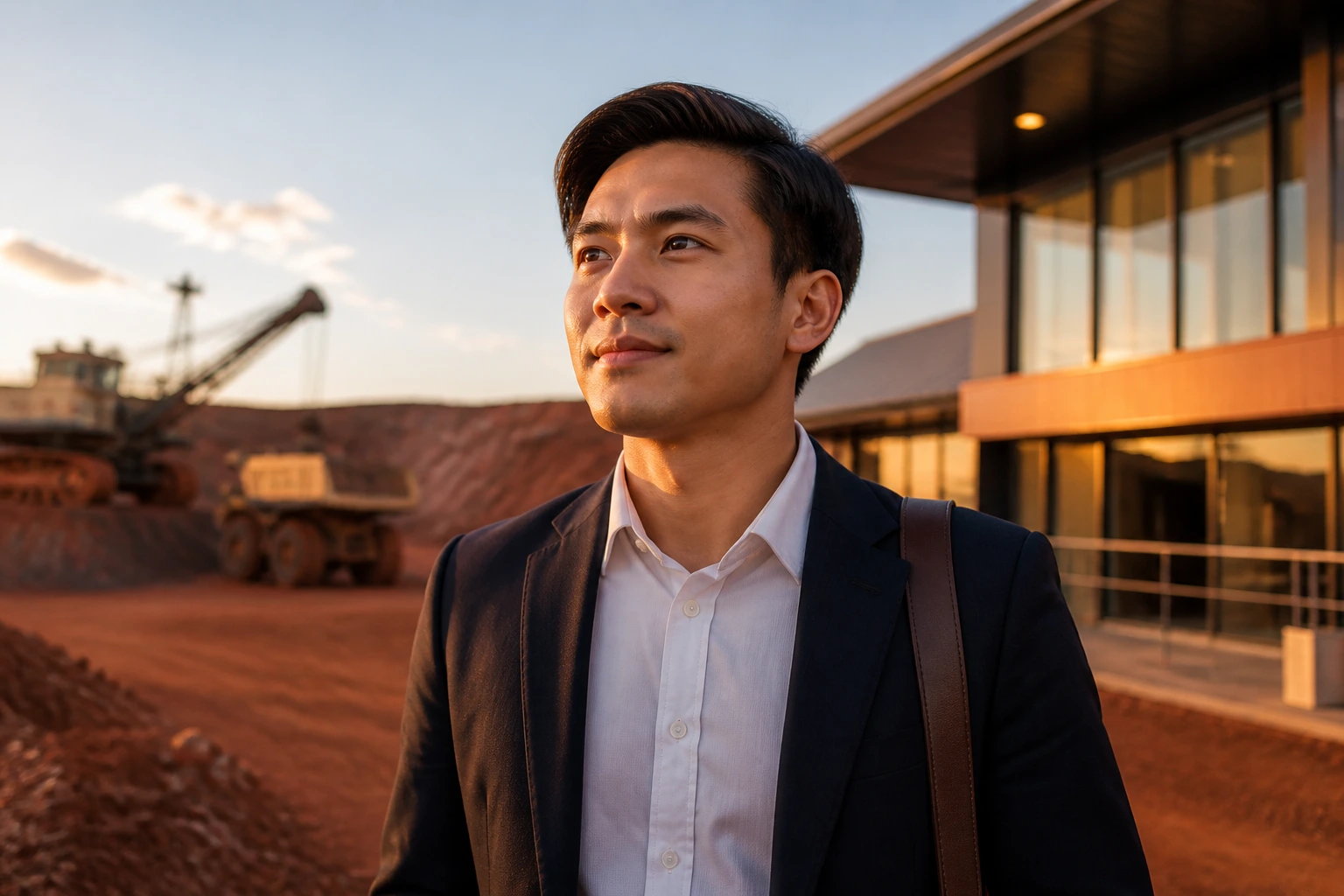 Job candidate in business attire near mining company offices