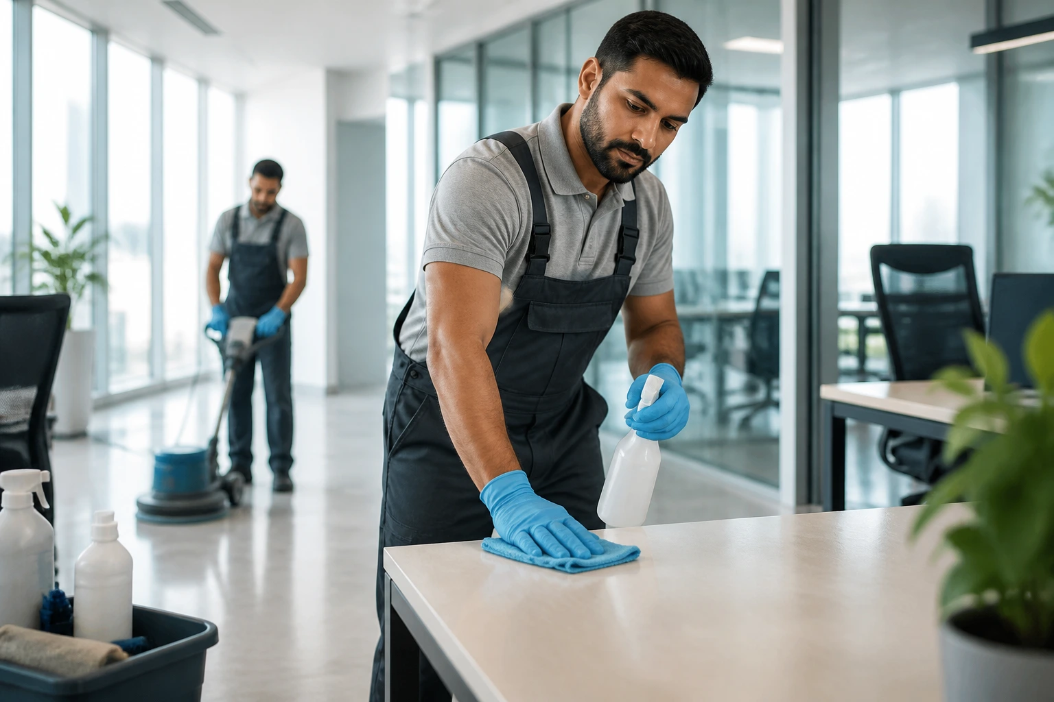 Office janitor performing cleaning tasks with professional equipment