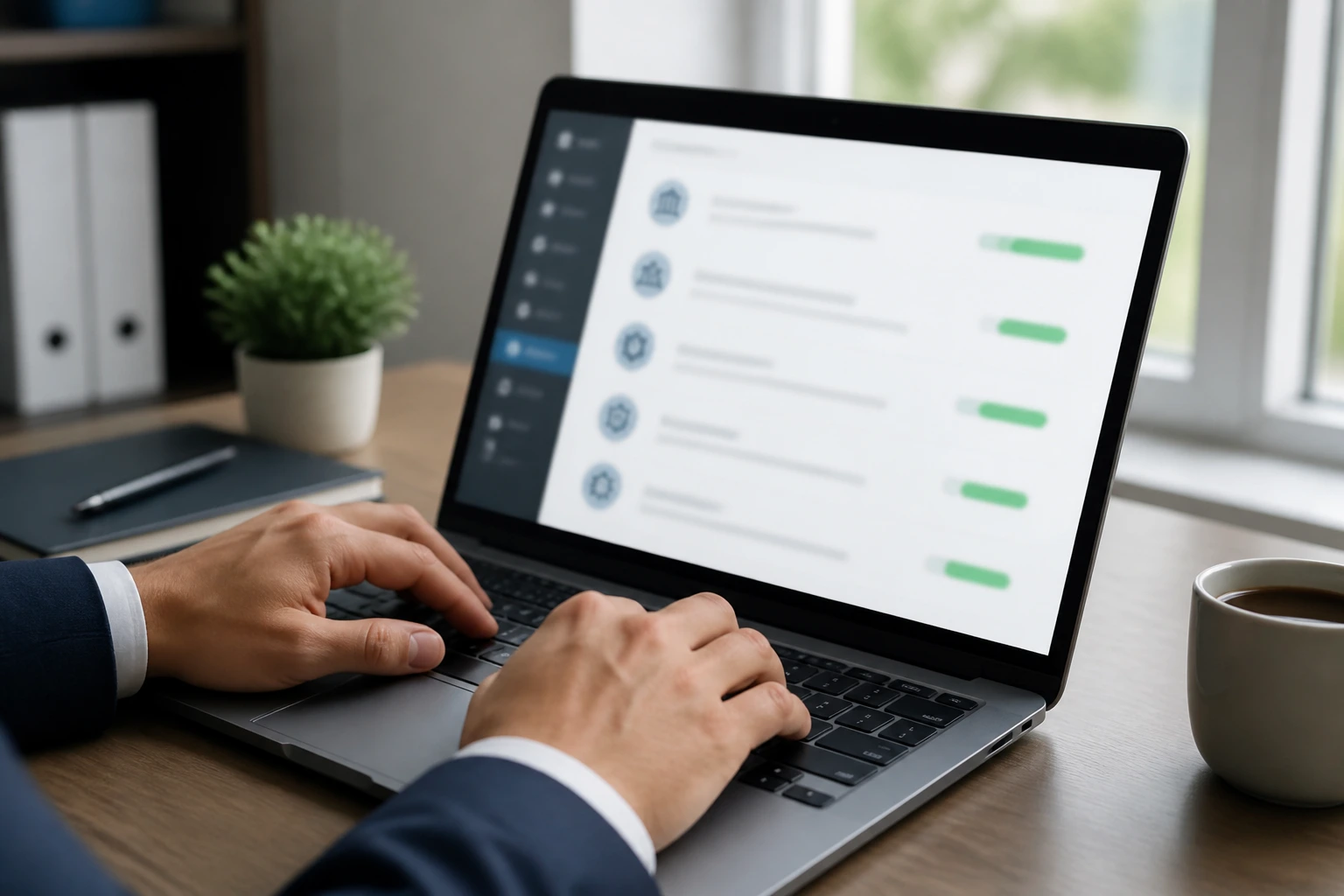 Real person at a laptop with blurred sponsor dashboard icons in an office