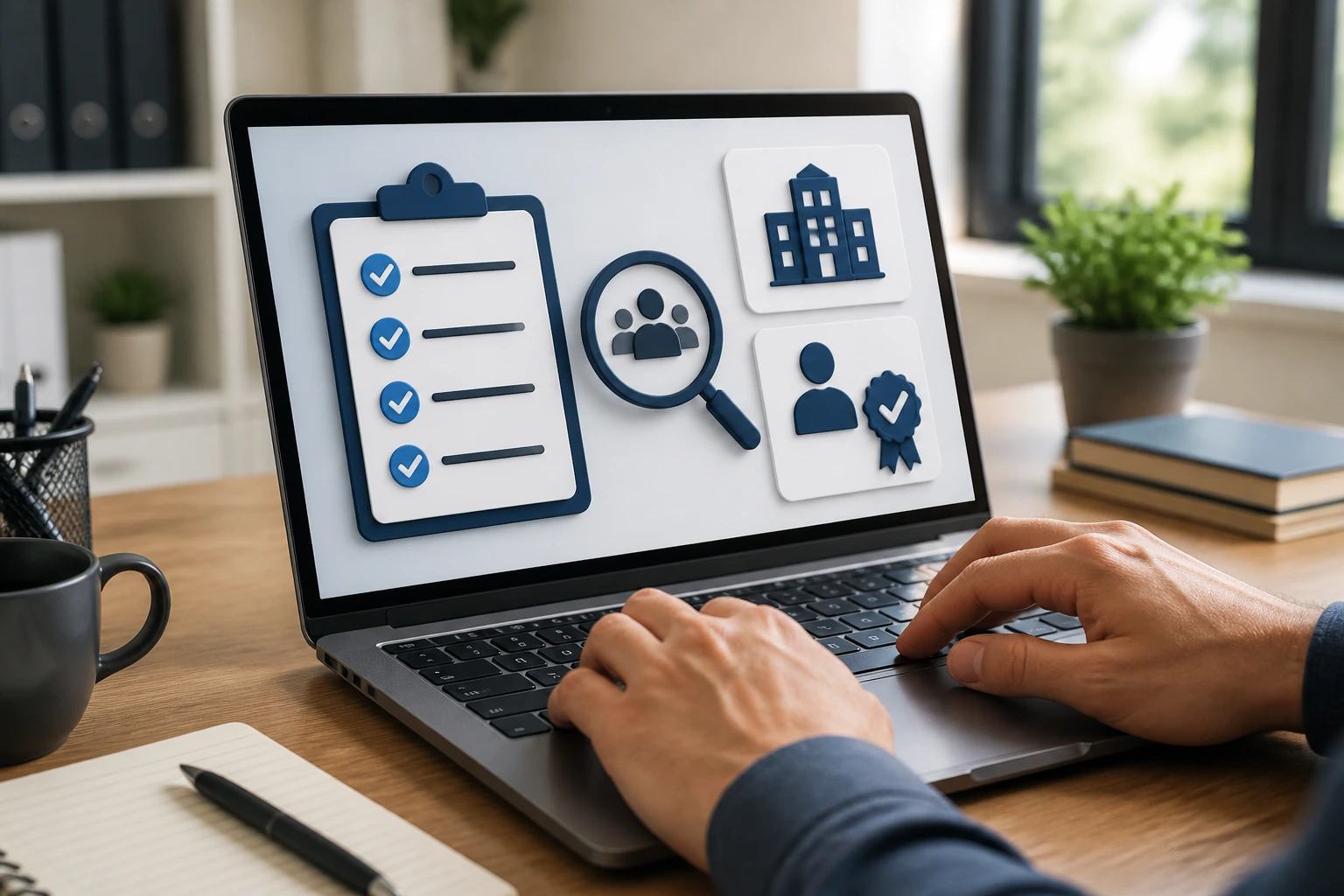 Hands typing on laptop with sponsor register icons on screen