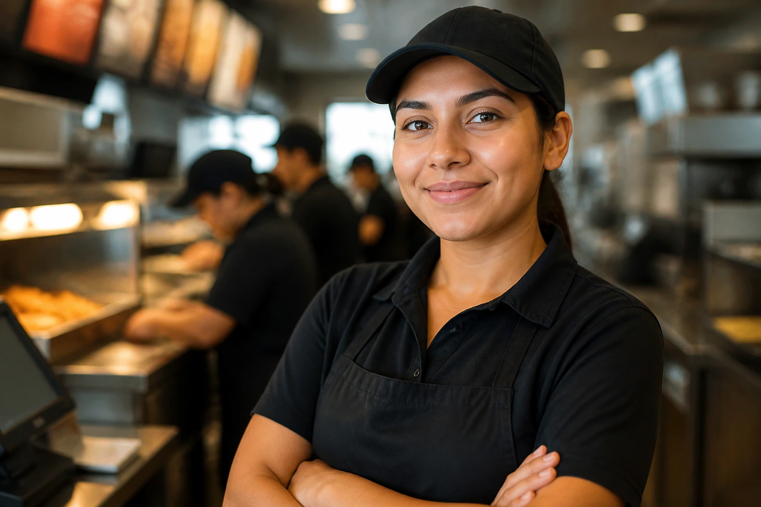 Portrait of a fast-food worker in uniform, showing focus in a kitchen.