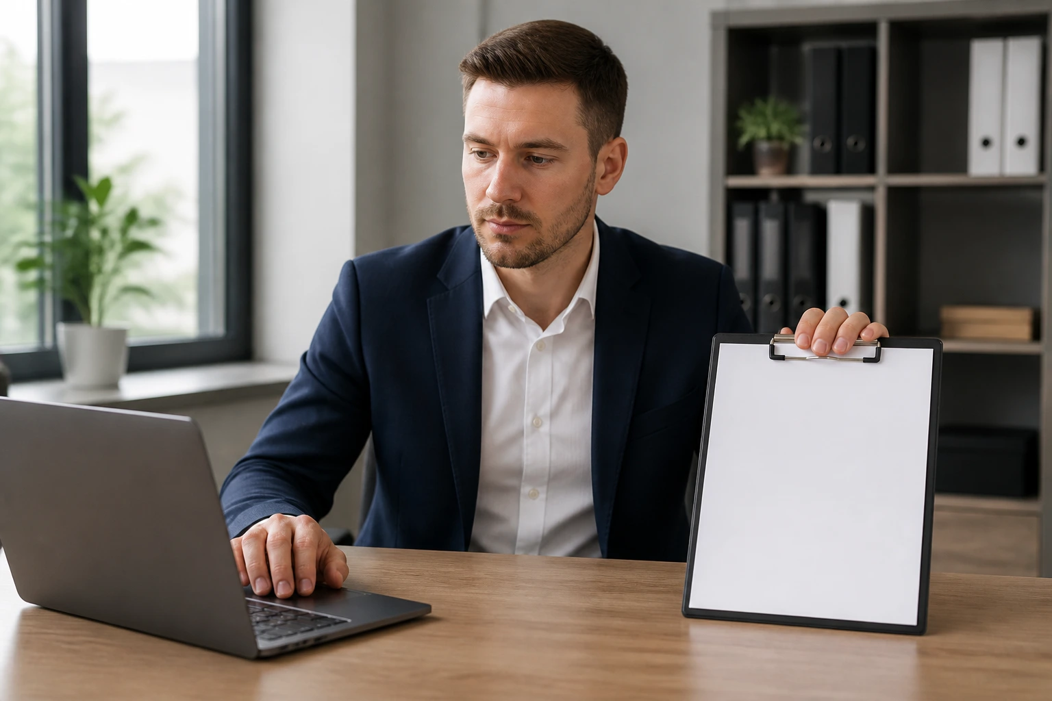 Person at a desk checking sponsor status with a laptop and blank clipboard in an office.