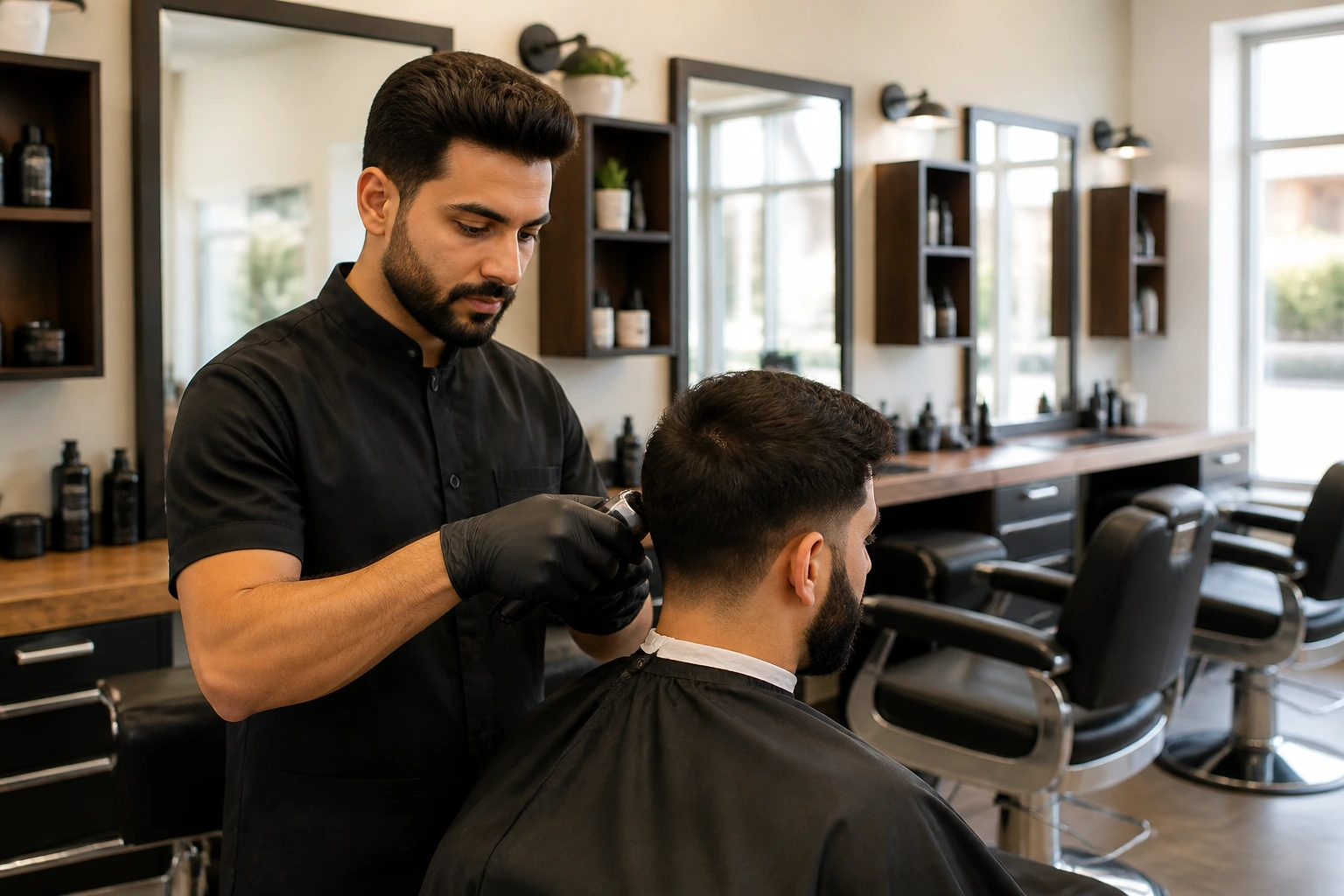 Barber in a clean, organized grooming shop setup