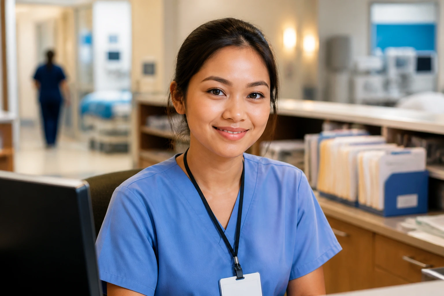 Healthcare admin professional in hospital reception