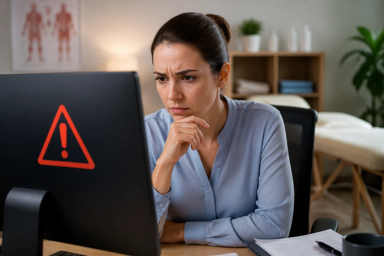 Recruiter evaluating a screen with a warning symbol indicating red flags in a hiring context