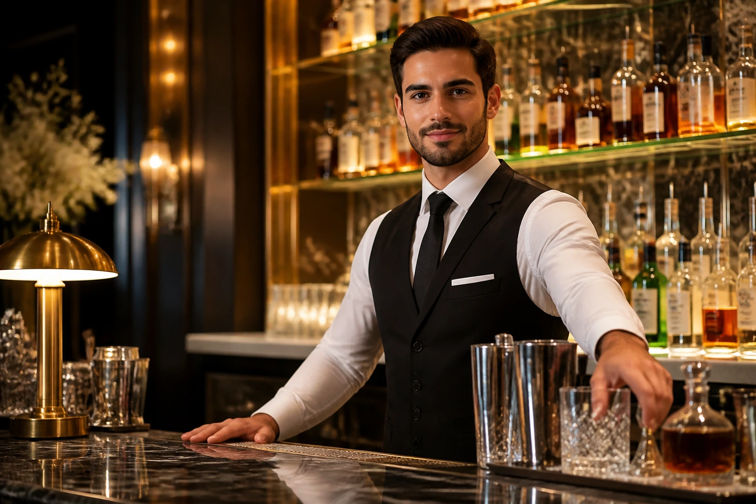Bar professional portrait in luxury hotel bar signaling sponsorship vacancies.